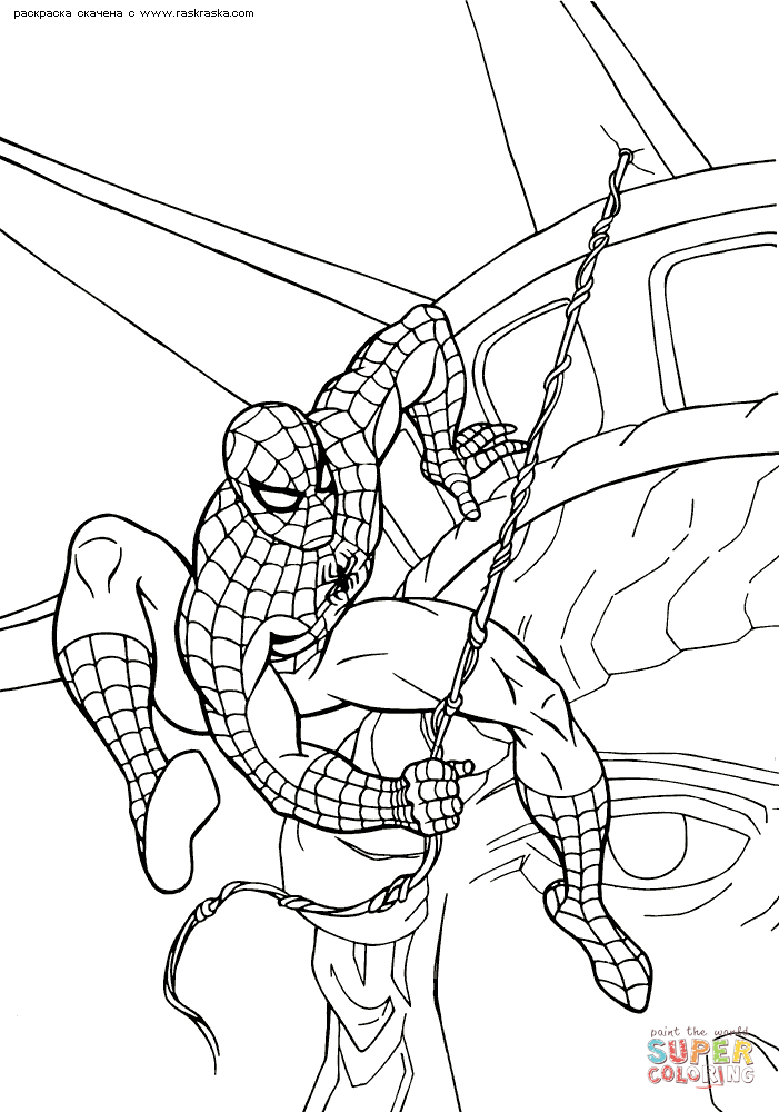701x1000 Spiderman Is Hanging From The Statue Of Liberty Coloring Page
