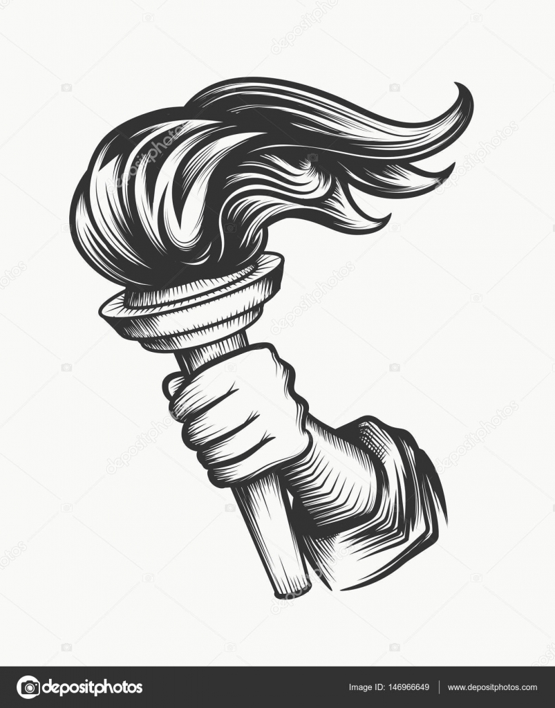 803x1024 Human Hand With Torch Engraving Illustration Stock Vector