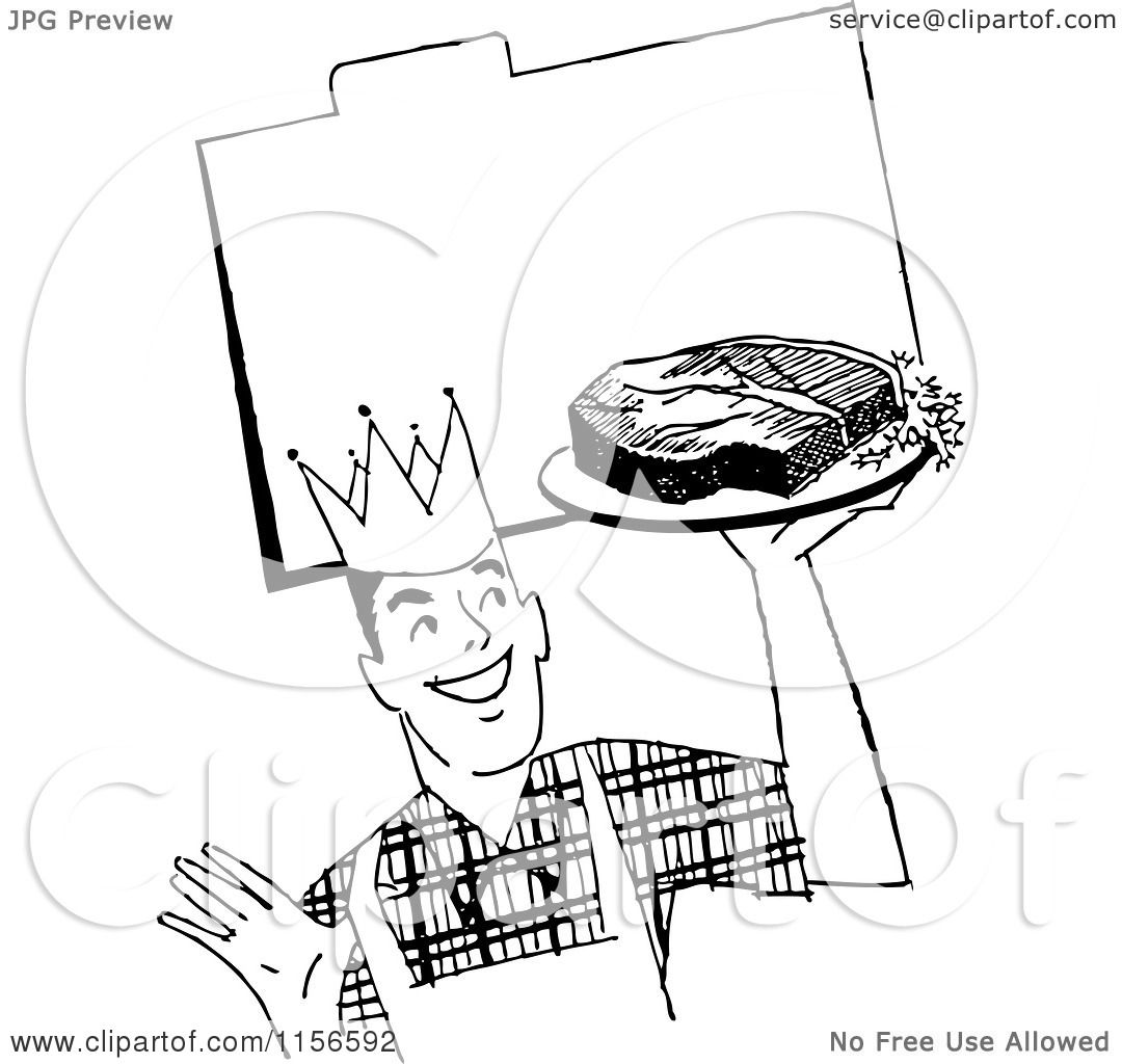 1080x1024 Clipart Of Blacknd White Retro Male Chef With Steak Over