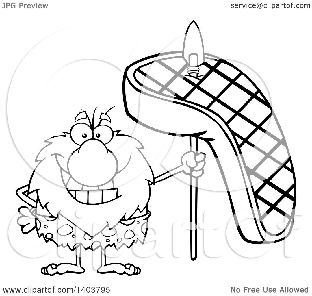1080x1024 Cartoon Clipart Of A Black And White Lineart Caveman Mascot