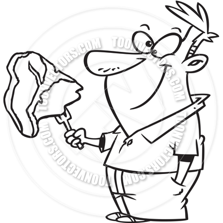 460x460 Cartoon Man Cooking Steak (Black And White Line Art) By Ron