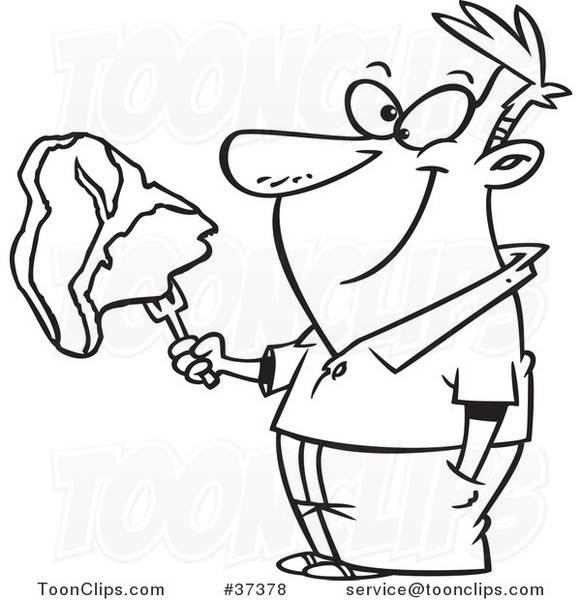 581x600 Cartoon Outlined Happy Guy Holding A Steak On A Fork