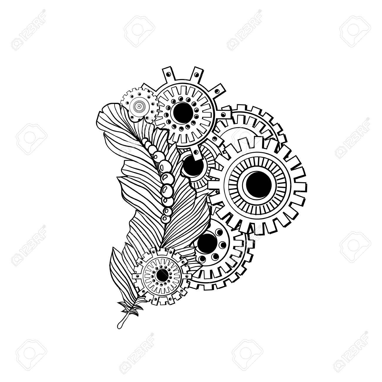 1300x1300 Hand Drawn Steampunk Technology Element With Gear Wheel. Doodle