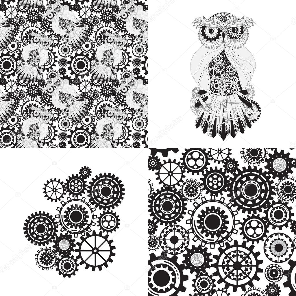 1024x1024 Black Gears, Steampunk Seamless Pattern. Steampunk Outline Vector