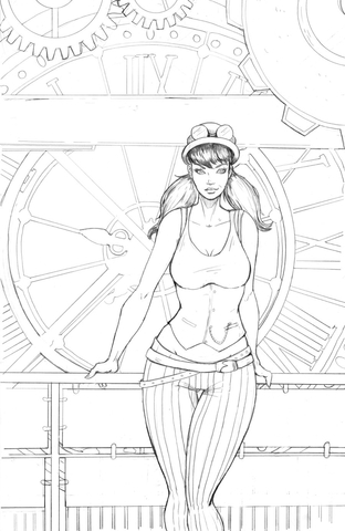 312x480 Steampunk Pin Up Girl Behind A Giant Clock Coloring Page Free