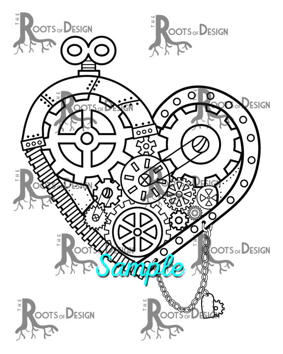 570x713 Instant Download Coloring Page Steampunk Gear Heart Art