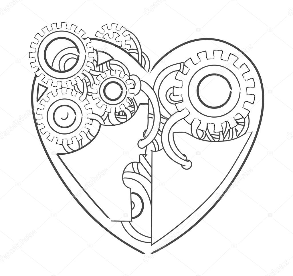 1024x962 Cool Steampunk Mechanical Heart, Hand Drawn Illustration Stock