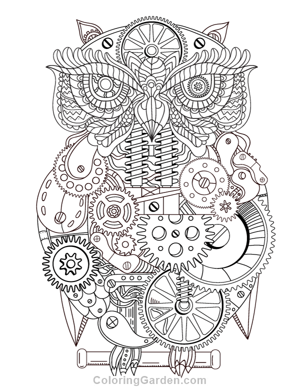 600x776 Free Printable Steampunk Owl Adult Coloring Page. Download It
