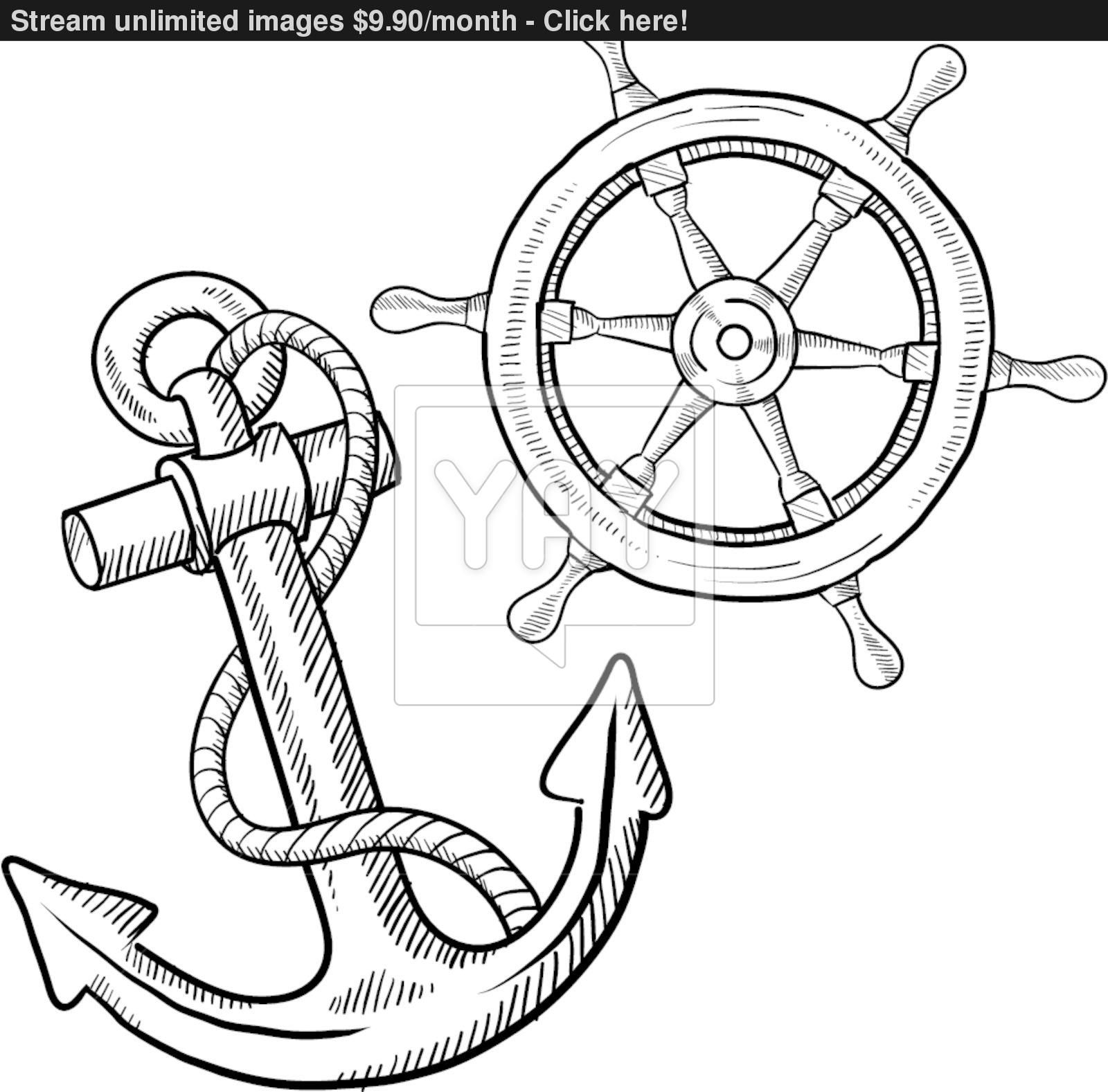 1600x1577 Ship's Wheel And Anchor Sketch Vector