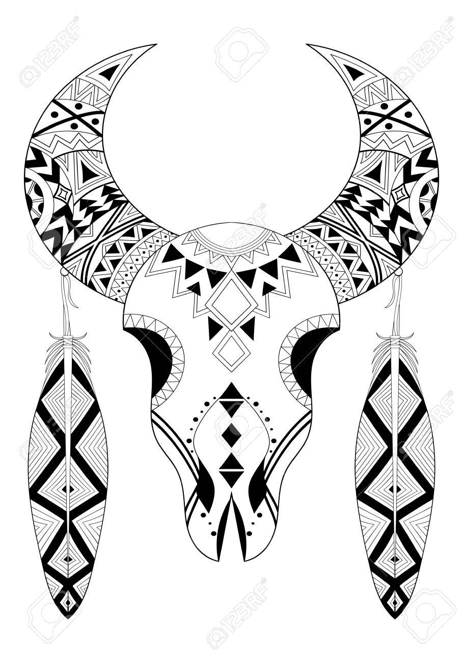 909x1300 Animal Skull With Two Feathers. Hand Drawn Ethnic Animal