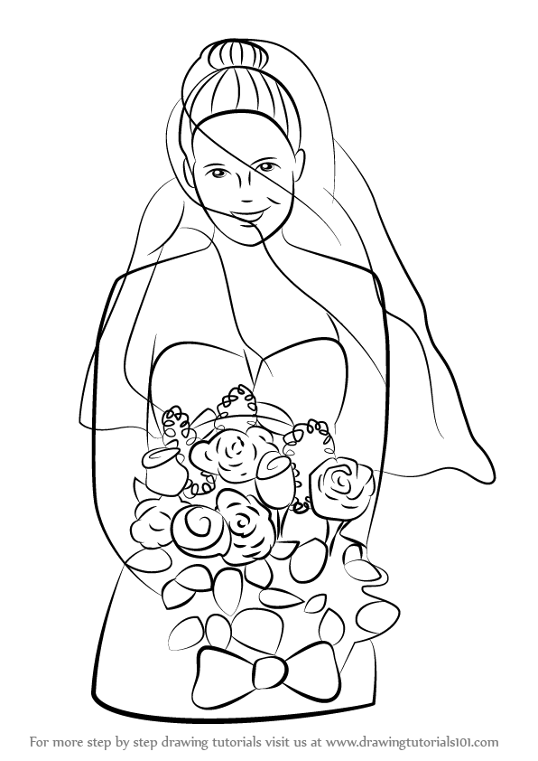 596x842 Learn How To Draw A Bride With Flowers (Girls) Step By Step
