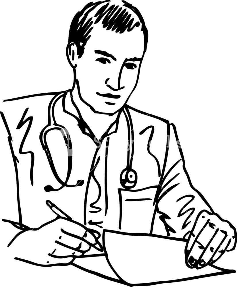 825x1000 Sketch Of Medical Doctor With Stethoscope Sitting At A Desk In His