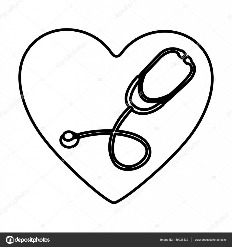 963x1024 Monochrome Contour Of Heart With Stethoscope Inside Stock Vector