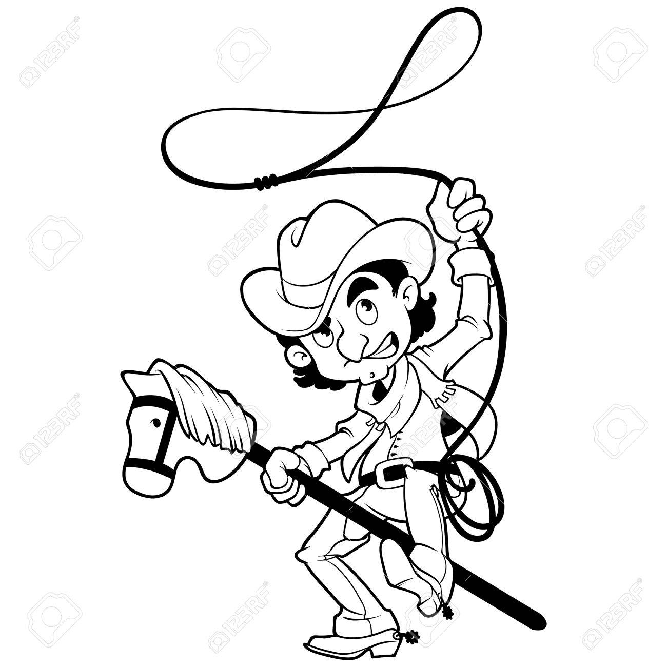 1300x1300 Cowboy With Lasso On A Stick Horse Outlined On A White Background