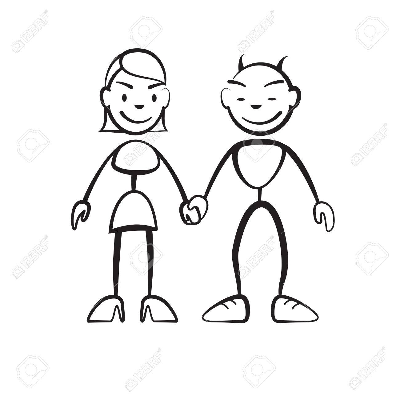 1300x1300 Stick Figure Woman And Devil Hand In Hand, Vector Drawing