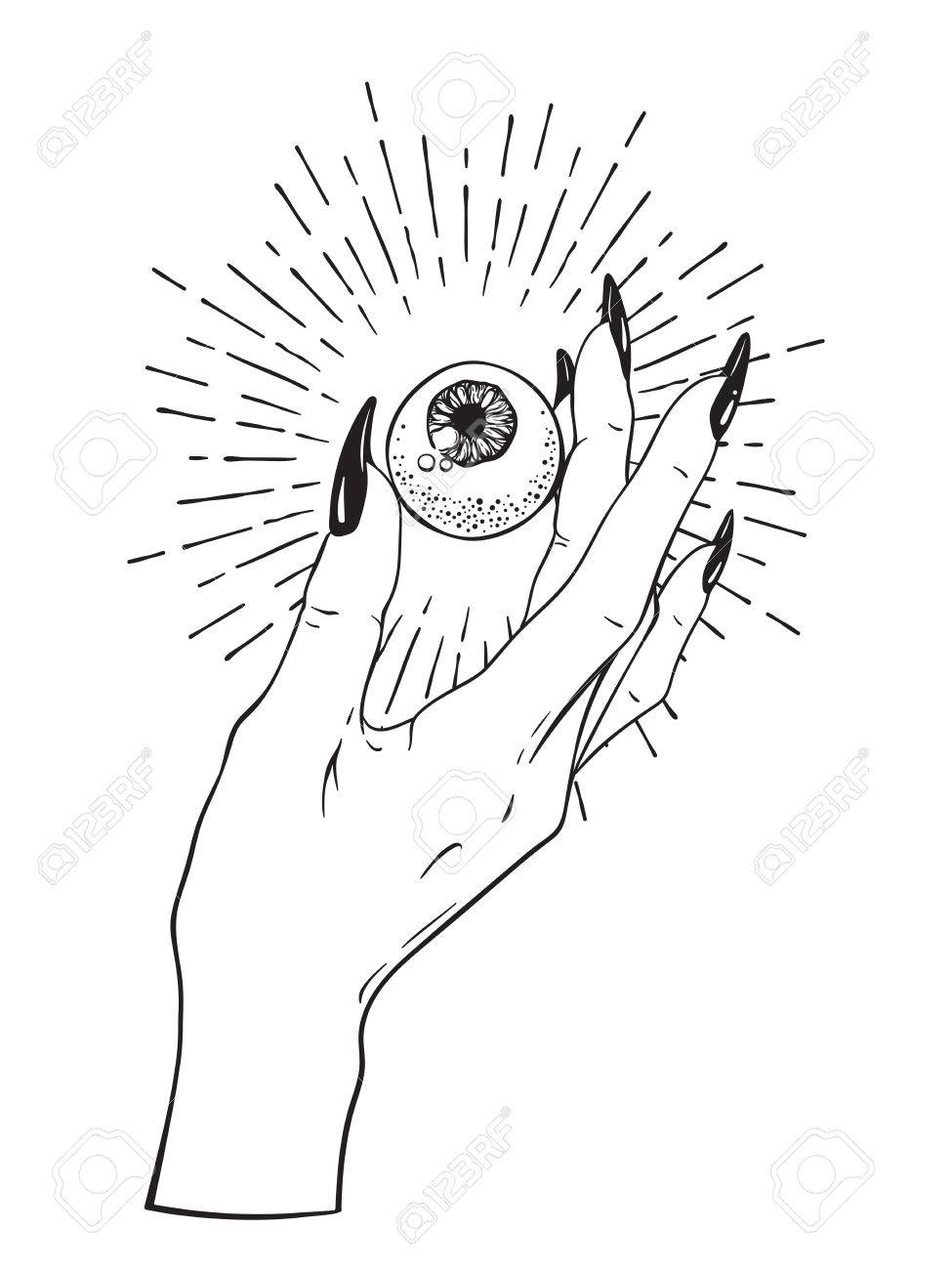 975x1300 Human Eyeball In Female Hand Isolated. Sticker, Print Or Blackwork