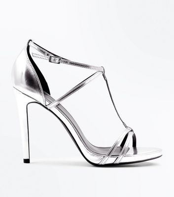 353x401 Silver Metallic T Bar Stiletto Sandals New Look