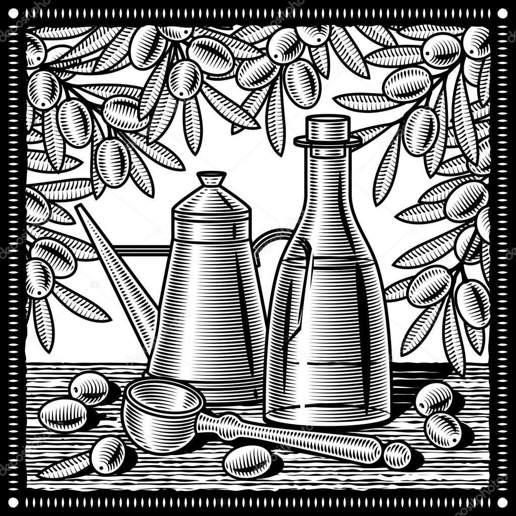 1024x1024 Retro Olive Oil Still Life Black And White Stock Vector Iatsun