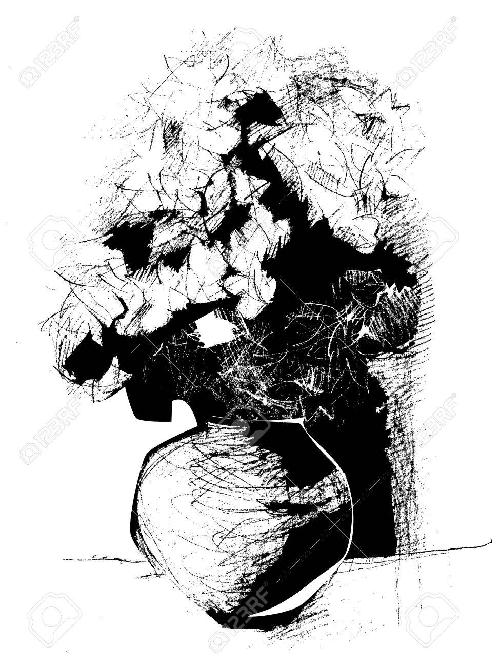 975x1300 Black And White Still Life With Flowers, Hand Drawn Sketch