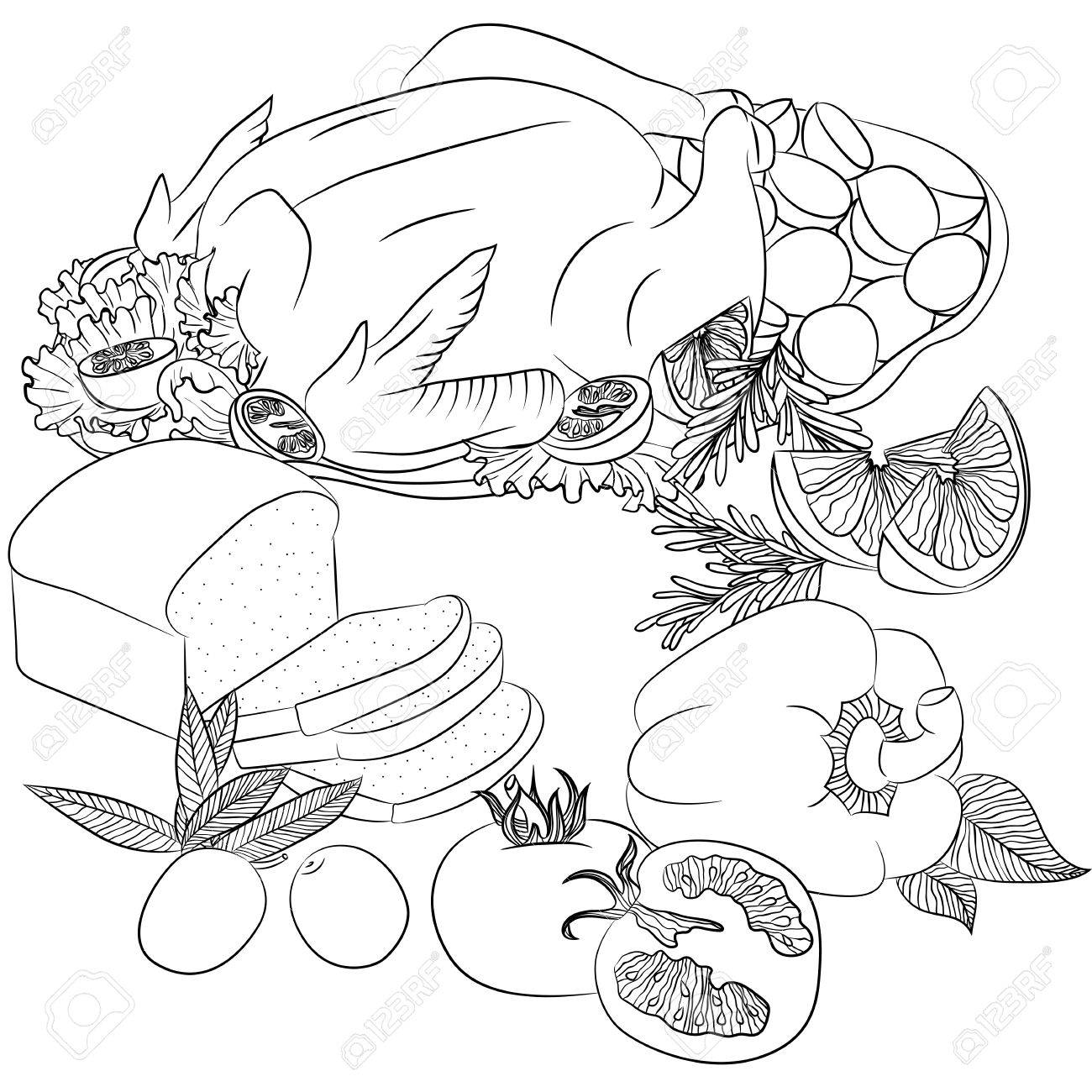 1300x1300 Vector Line Art Illustration With Food. Still Life With Fried