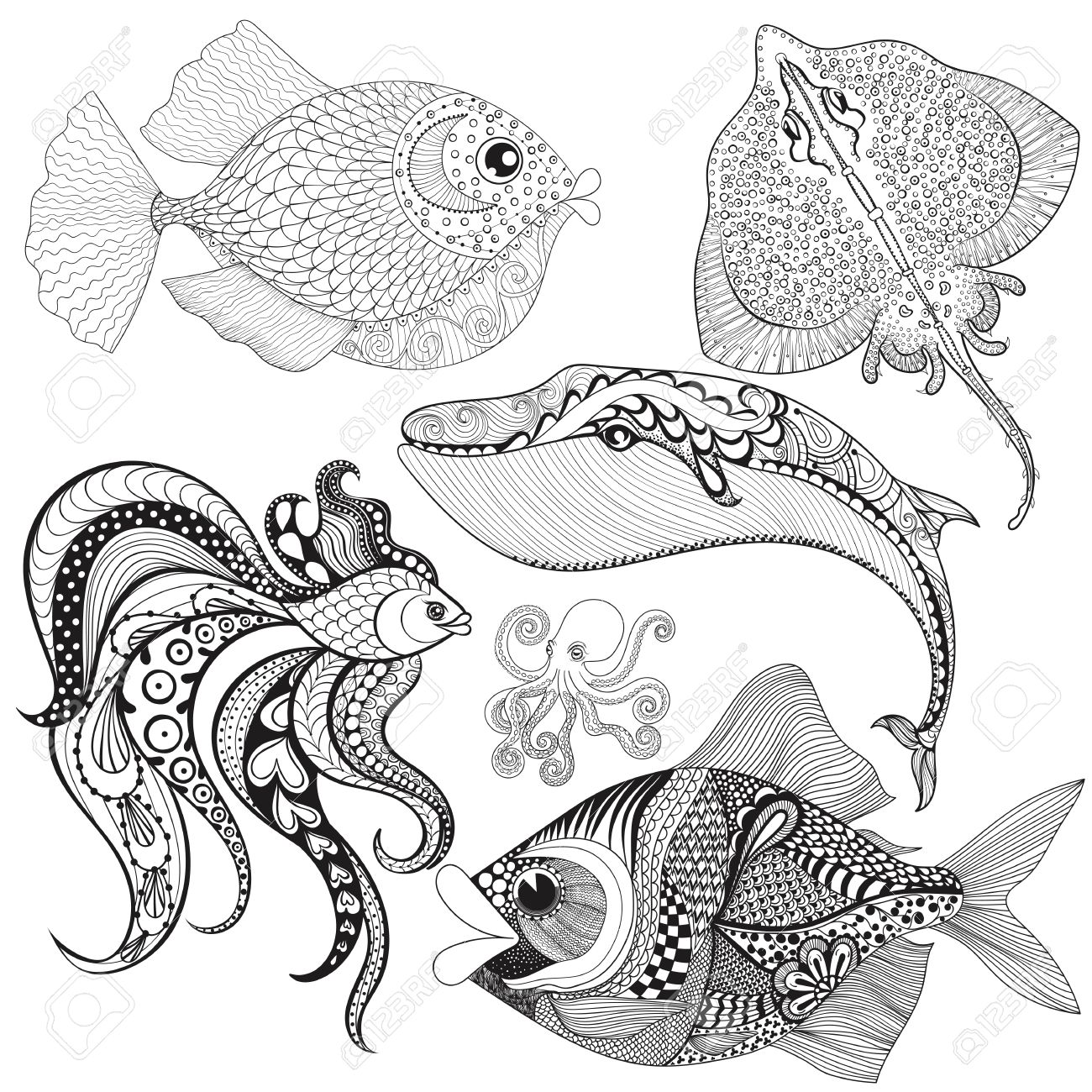 1300x1300 Hand Drawn Fishes, Whale, Octopus, Stingray For Adult Anti Stress