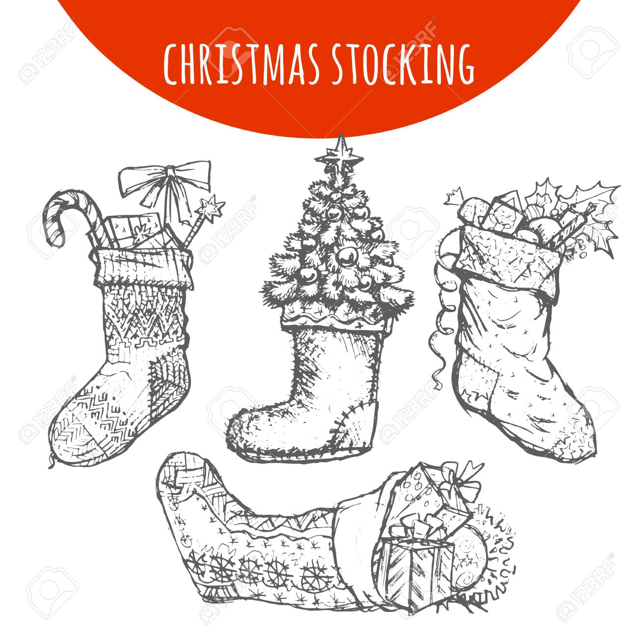 1300x1300 Christmas Stocking Sock Decoration With Gifts Sketch. Hand Drawn