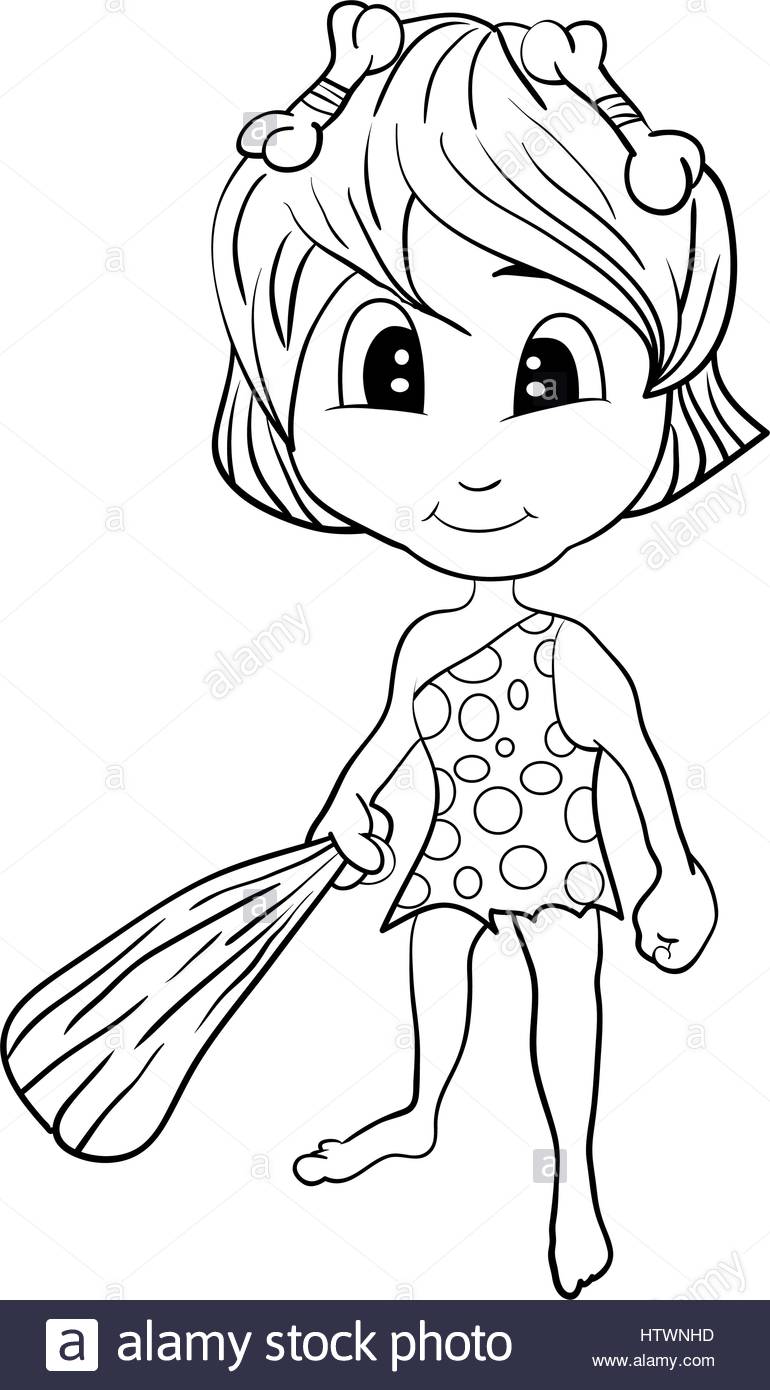 770x1390 Illustration Of Isolated Cartoon Stone Age Cute Cave Girl. Vector