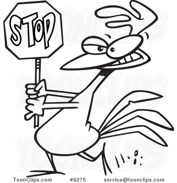 581x600 Cartoon Black And White Line Drawing Of A Rooster Carrying A Stop
