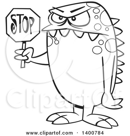450x470 Clipart Of A Cartoon Black And White Monster Holding A Stop Sign