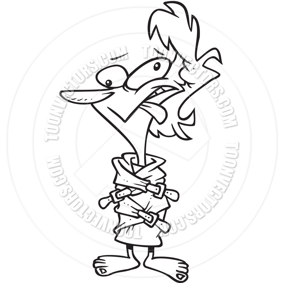 940x940 Cartoon Crazy Woman In Straight Jacket (Black And White Line Art