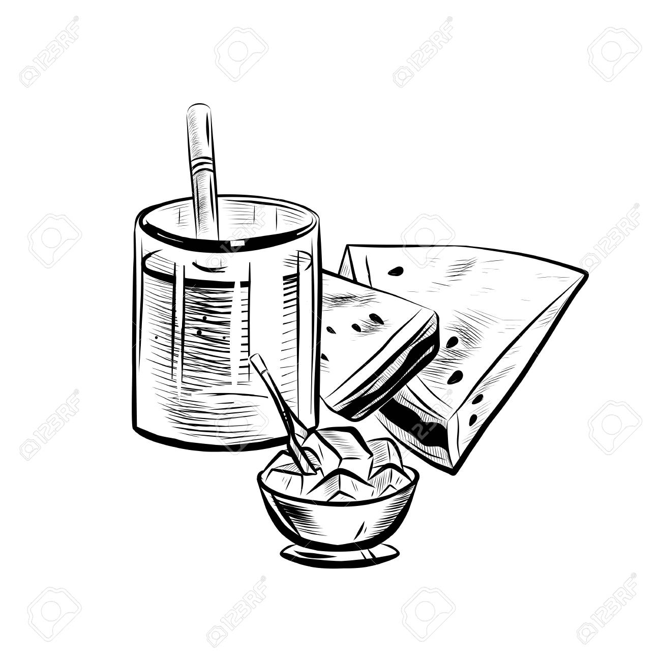 1300x1300 Sketch Illustration Of Glass With Straw, Ice Bowl And Watermelon