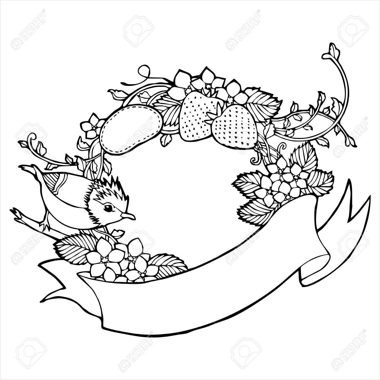 1300x1300 Bird Strawberry Flower Vine Label Sketch Royalty Free Cliparts