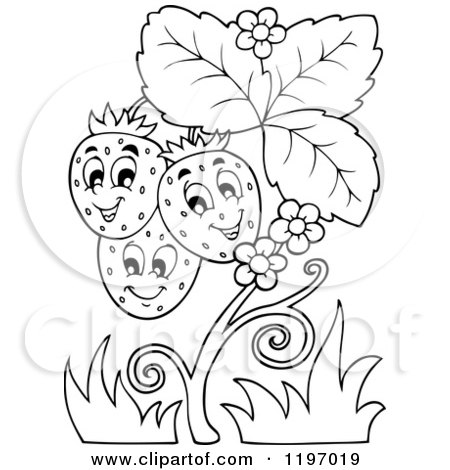 450x470 Cartoon Of A Happy Outlined Strawberries On A Plant