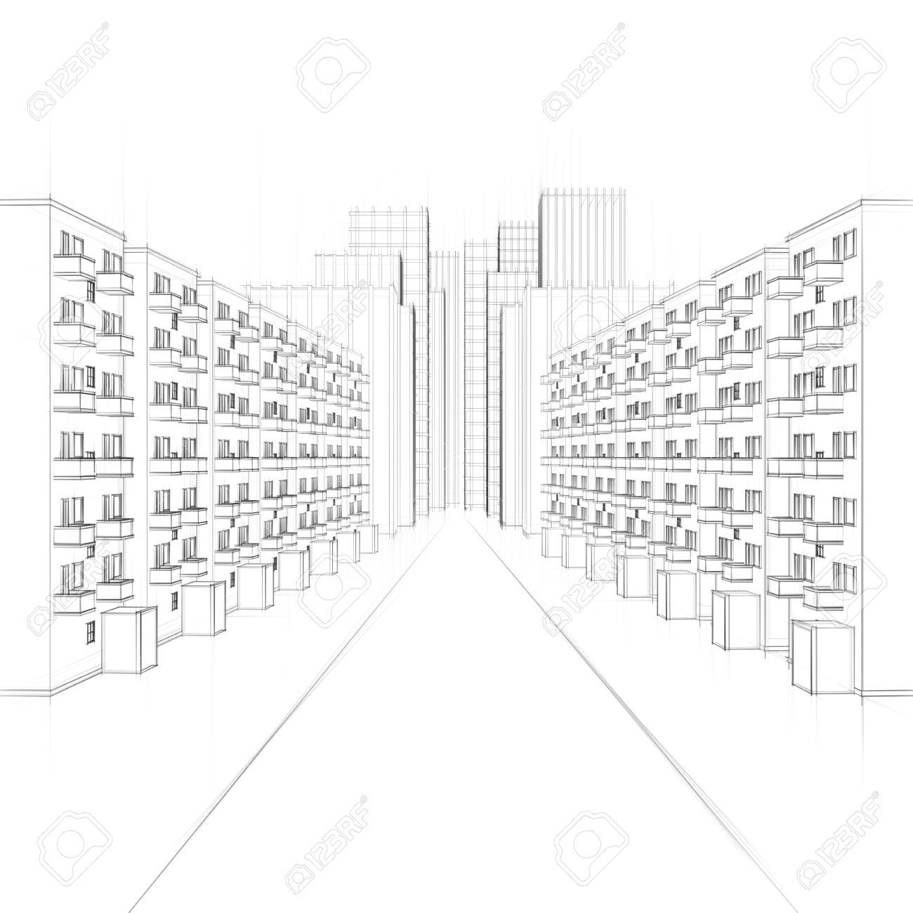 1300x1300 Drawing Of An Urban Street With Apartments And Skyscrapers Stock