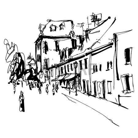 450x450 Sketch Drawing Of Old Town View Kotor Montenegro, Vintage