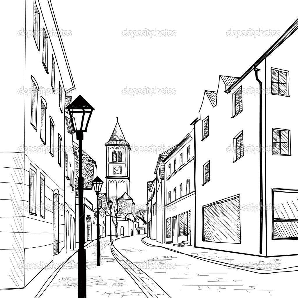 1024x1024 A Pencil Drawing Of A Street With Houses Royalty Free Stock Vector