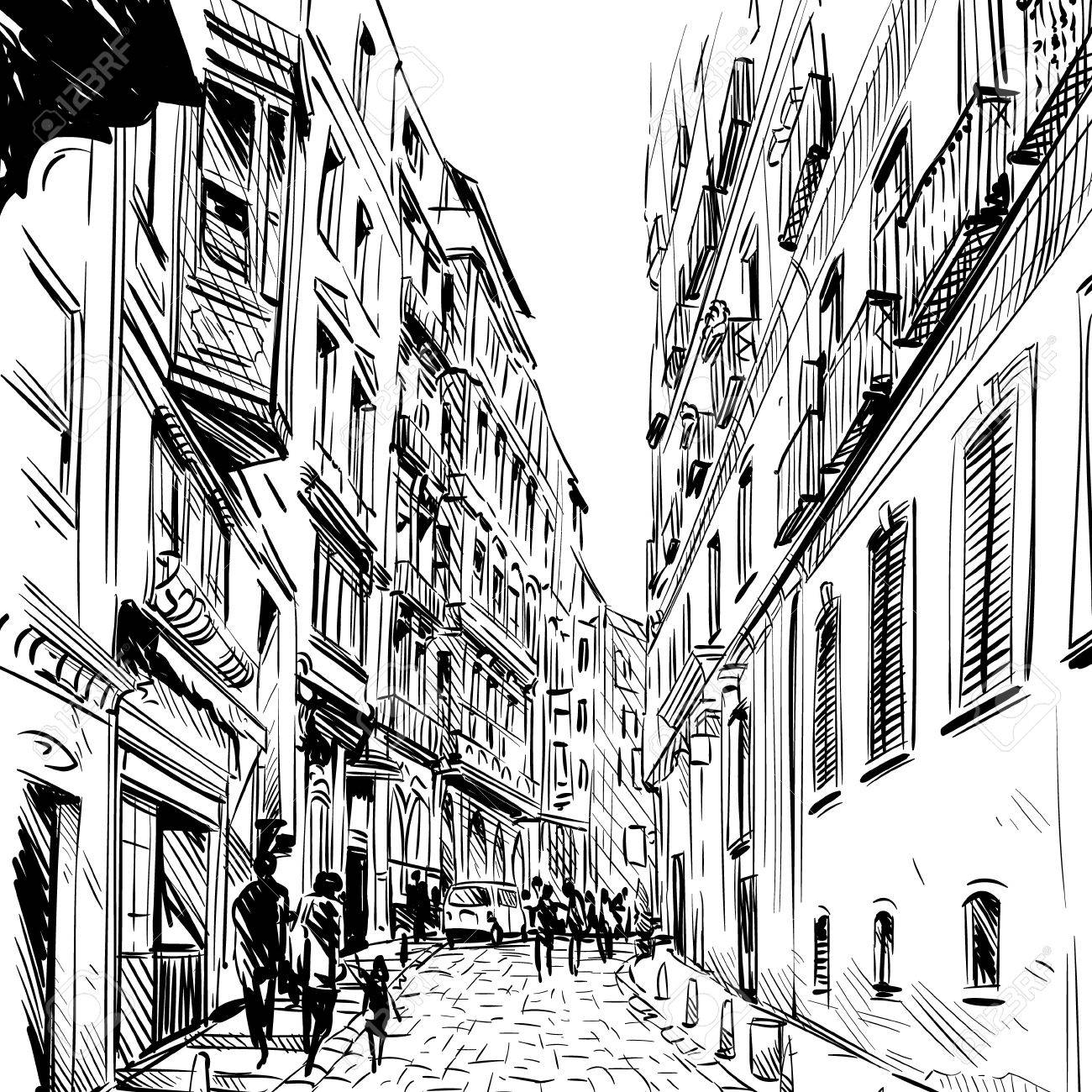1300x1300 City. Street Sketch, Illustration Royalty Free Cliparts, Vectors