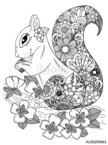 371x500 Vector Illustration Zentangl, Squirrel With Flowers. Doodle