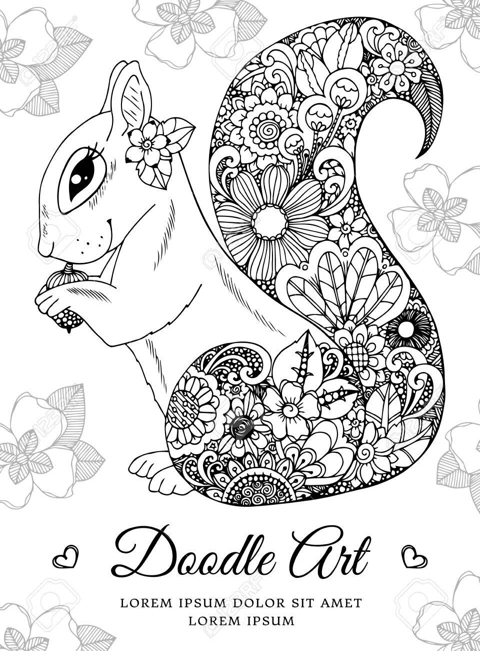 960x1300 Vector Illustration, Squirrel With Flowers. Doodle Drawing