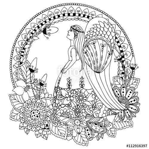 500x500 Vector Illustration Zen Tangle Angel Girl With Flowers. Doodle