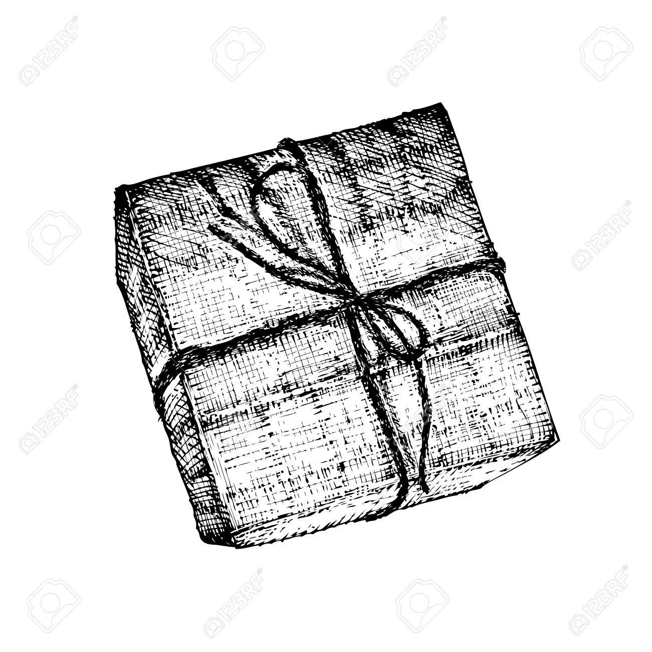 1300x1300 Gift Box With Ribbon, String And Bow. Hand Drawn Realistic
