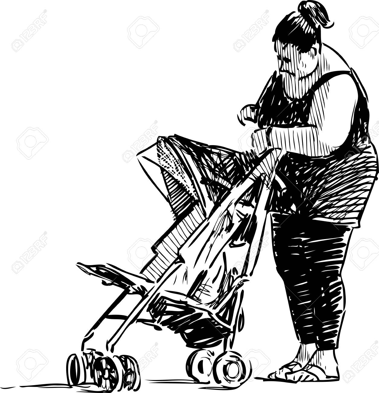1255x1300 Hand Drawing Of A Woman With A Baby Stroller Royalty Free Cliparts