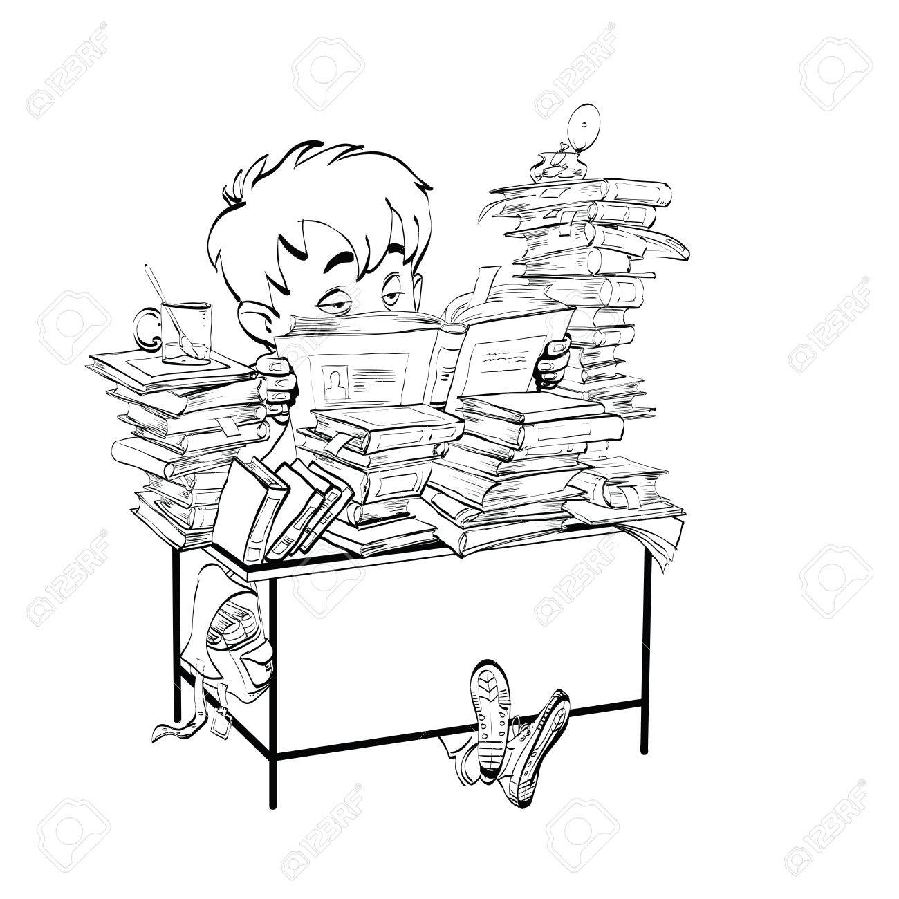 1300x1300 Literature, Student Boy Reads Books Line Art. The School