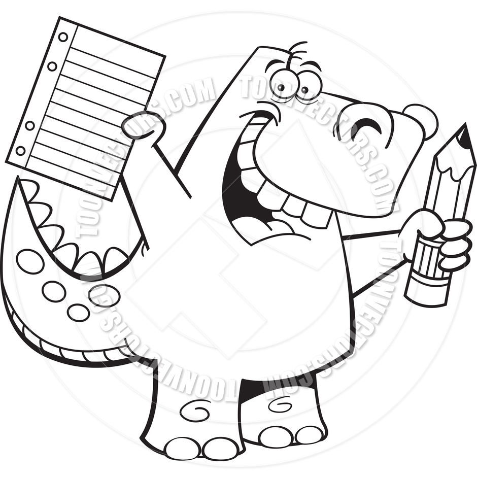 940x940 Cartoon Student Dinosaur (Black And White Line Art) By Kenbenner