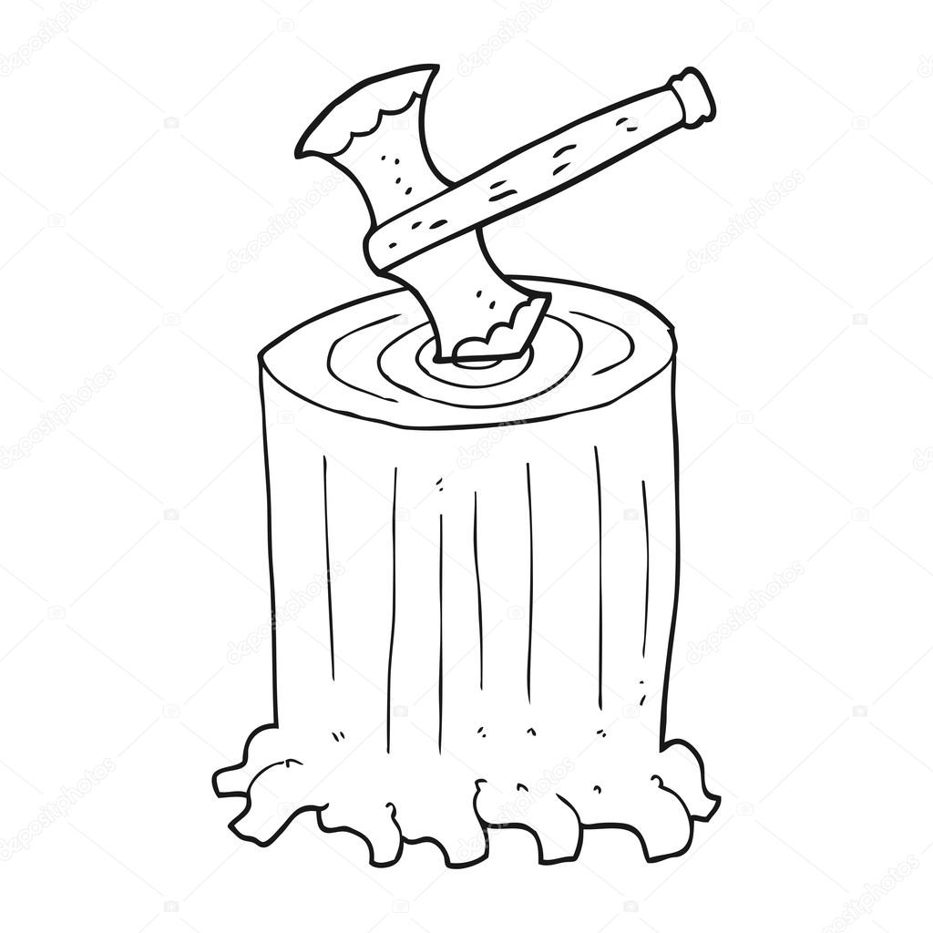 1024x1024 Black And White Cartoon Tree Stump And Axe Stock Vector