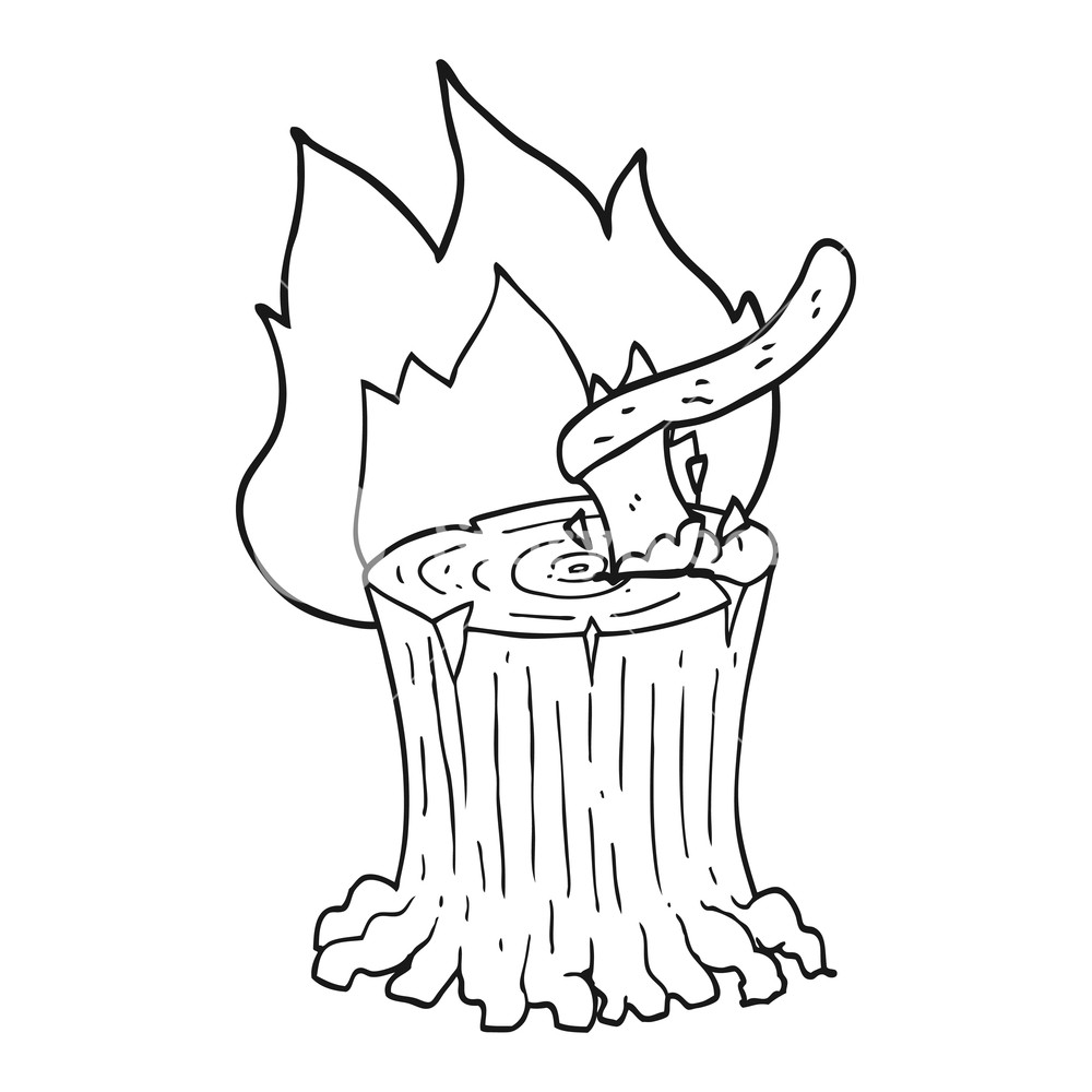 1000x1000 Freehand Drawn Black And White Cartoon Axe In A Flaming Tree Stump