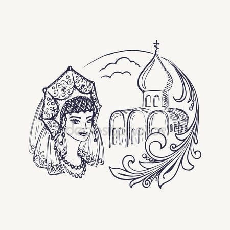 450x450 Stylized Drawing Of The Church, Girls In Kokoshnik And Khokhloma