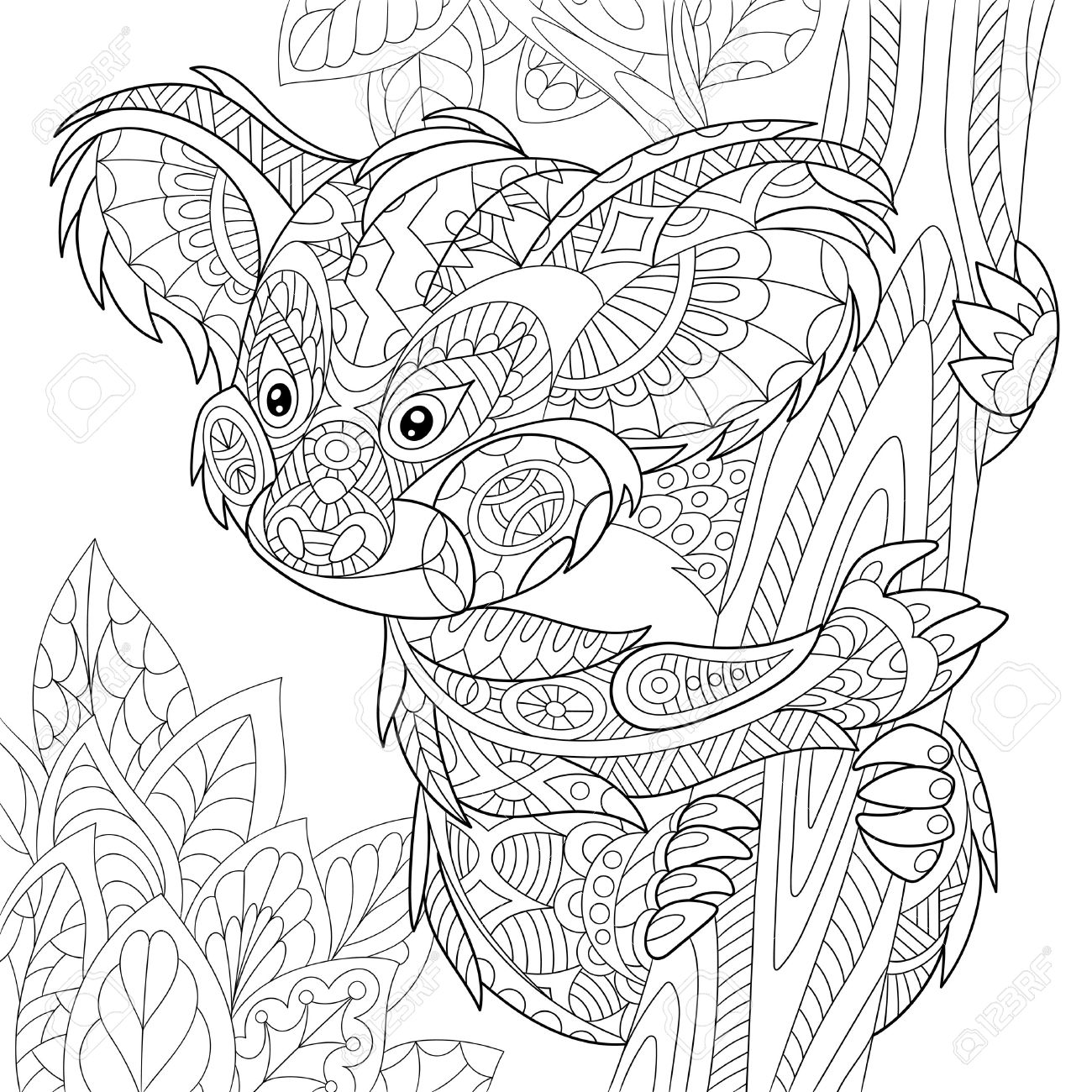 1300x1300 Stylized Cartoon Koala Bear Sitting Among Tree Leaves. Hand Drawn