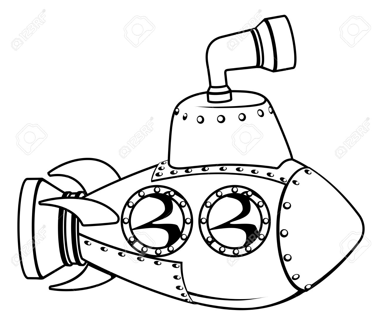 1300x1106 Illustration Of A Cute Cartoon Submarine In Black And White