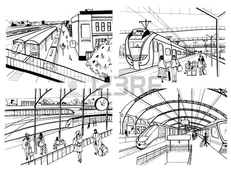 450x334 Set Of Sketches With Railway Station. Passengers On Platform